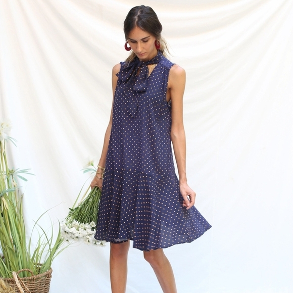 Chic Navy Polka Dot Mini Dress - Picture 2 of 11